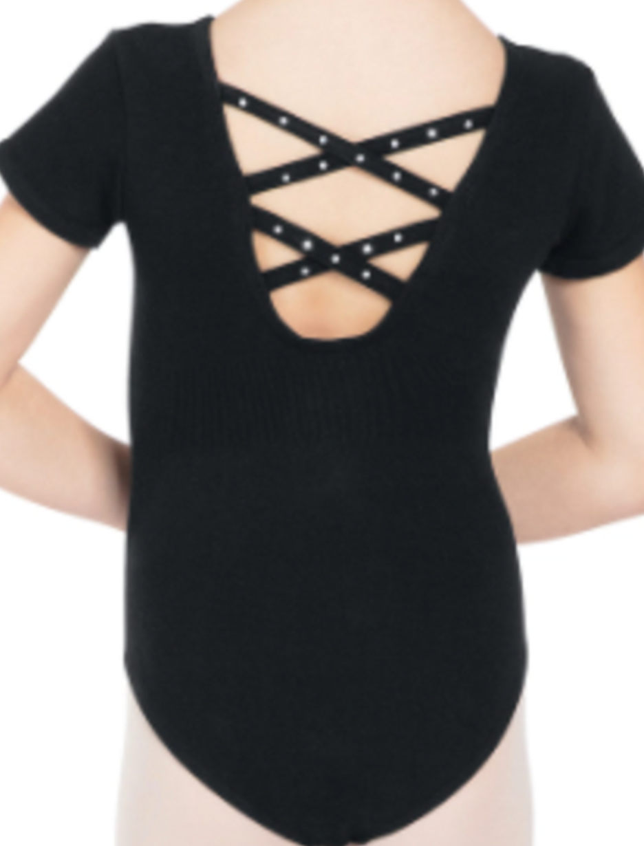 Black short-sleeve dance leotard on a person's back against a white background featuring a scoop cut and sparkling rhinestone criss-cross straps