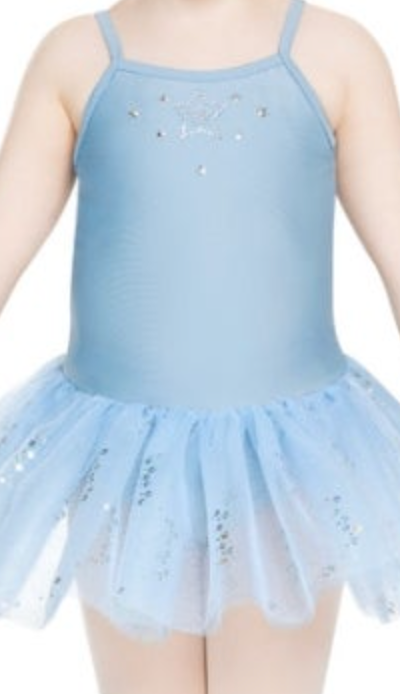 Photograph of a child in a light blue ballet leotard featuring a prominent silver star with rhinestones, paired with a shimmering light blue tulle tutu