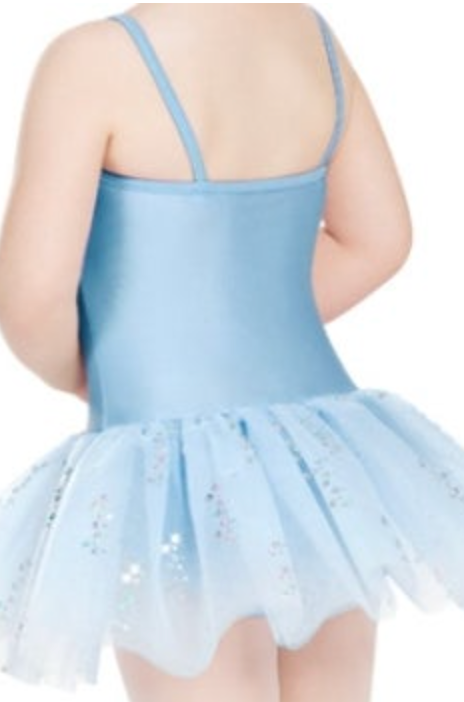 Back view of a child in a shiny light blue leotard with a layered tutu skirt sparkling with silver glitter
