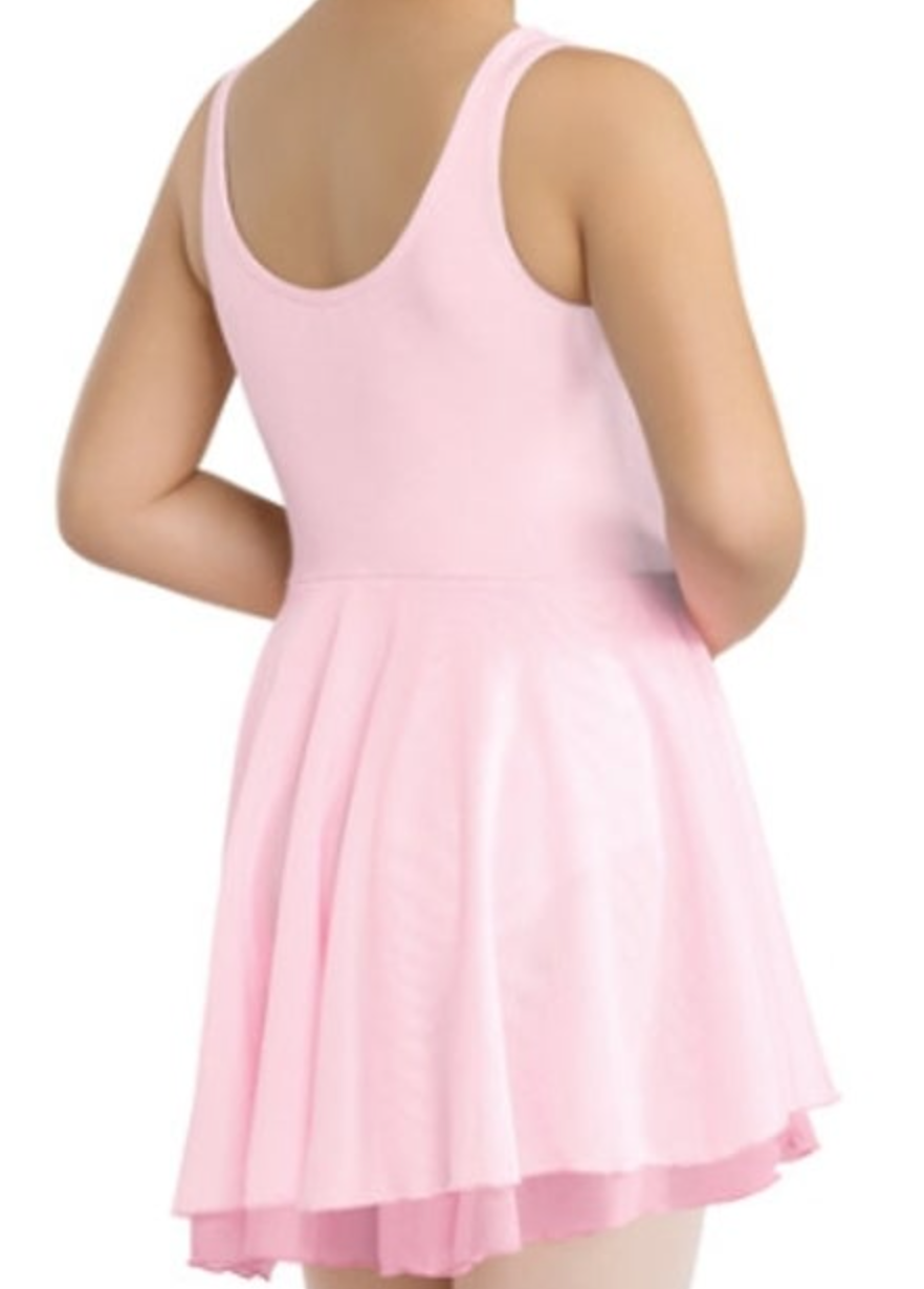 Back view of a person in a light pink tank top dance dress featuring a scoop back and a flowing layered skirt