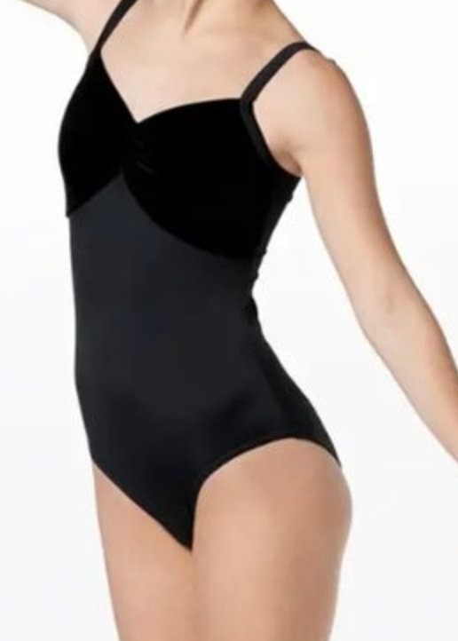 Photograph of a person wearing a black dance leotard featuring a velvet sweetheart neckline and thin straps
