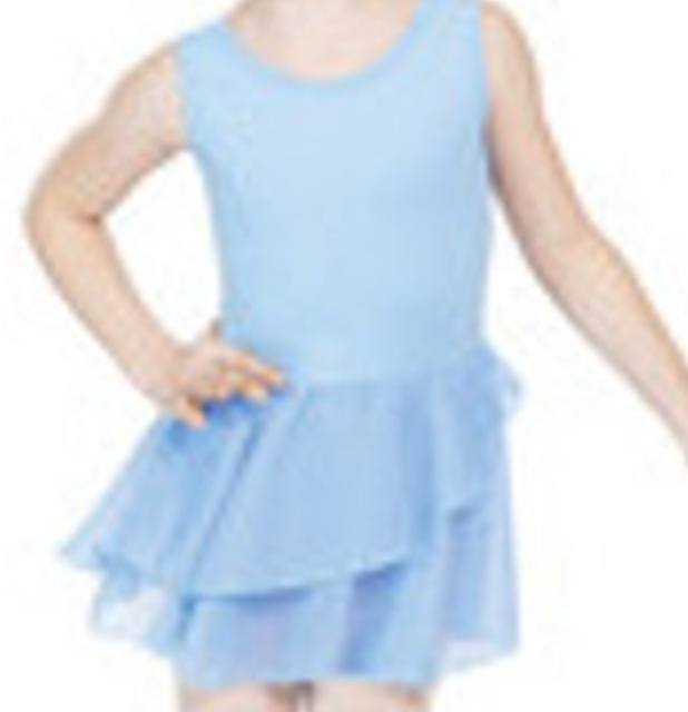 Photograph of a child in a light blue sleeveless leotard and a two-tiered ruffled skirt posing with one hand on their hip against a white background